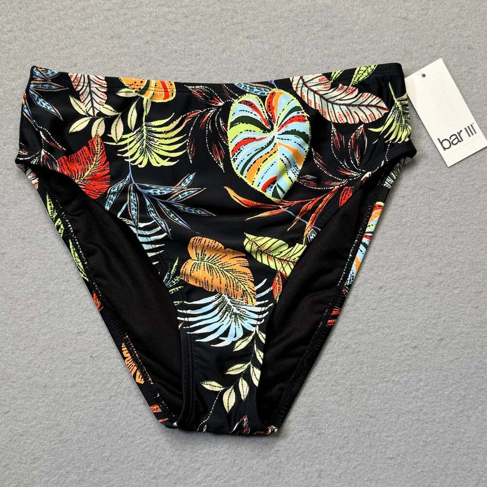 Bar III Women's Swept Away High-Leg High-Rise Bikini Bottoms Black Multi XS $34